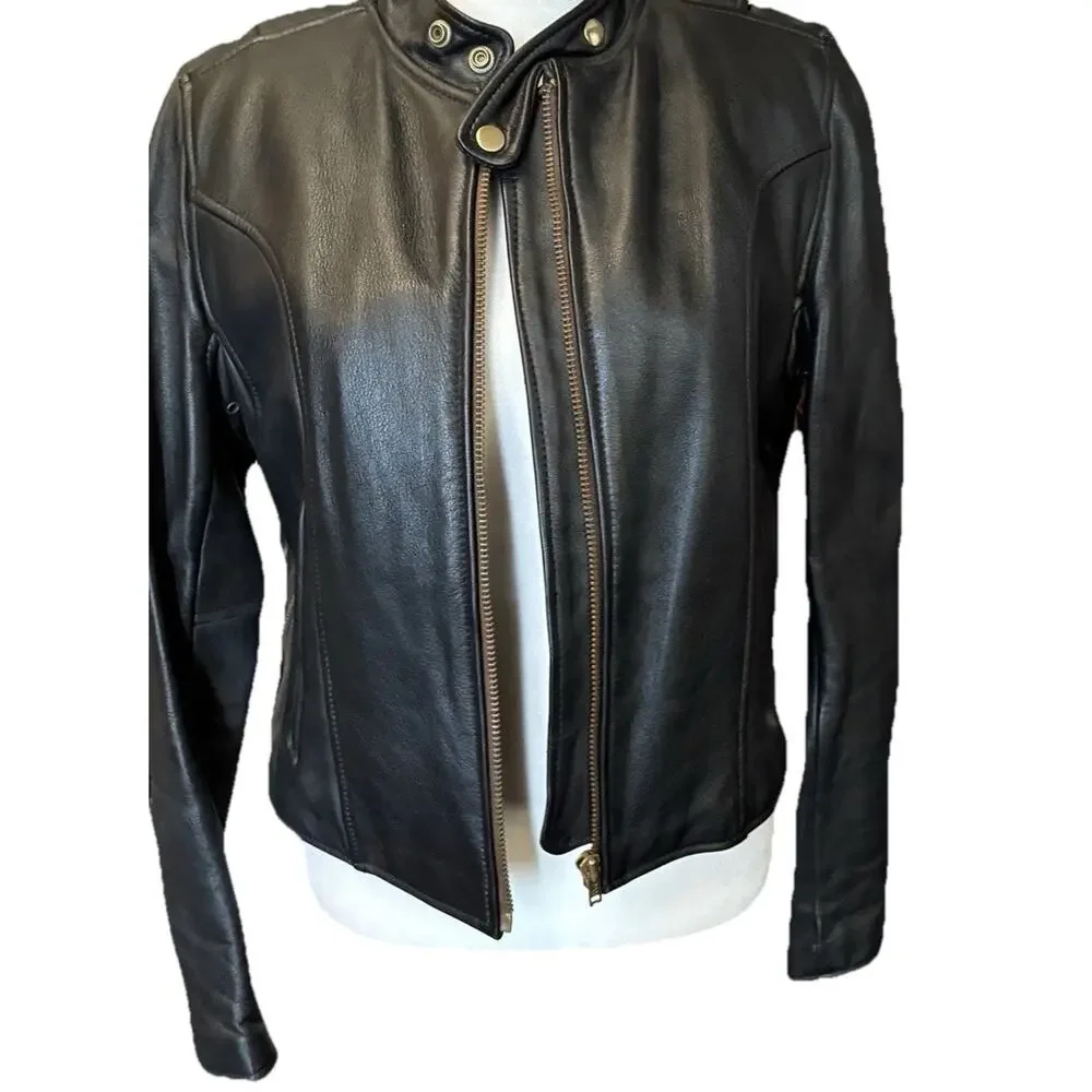 Vintage Womens Black Leather Moto Jacket Fur Lined Biker 12 Vtg Zip Liner - Picture 3 of 16